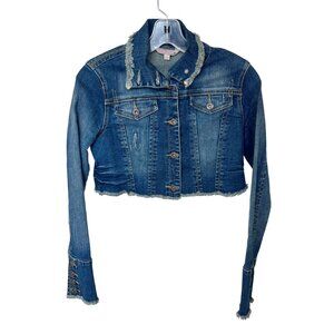 Vintage Bubblegum Y2K Distressed Medium Wash Cropped Jean Jacket - Size Medium